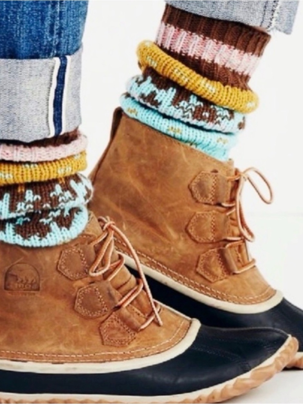 Sorel Two-Tone Leather and Rubber Winter Boots in Brown and Black